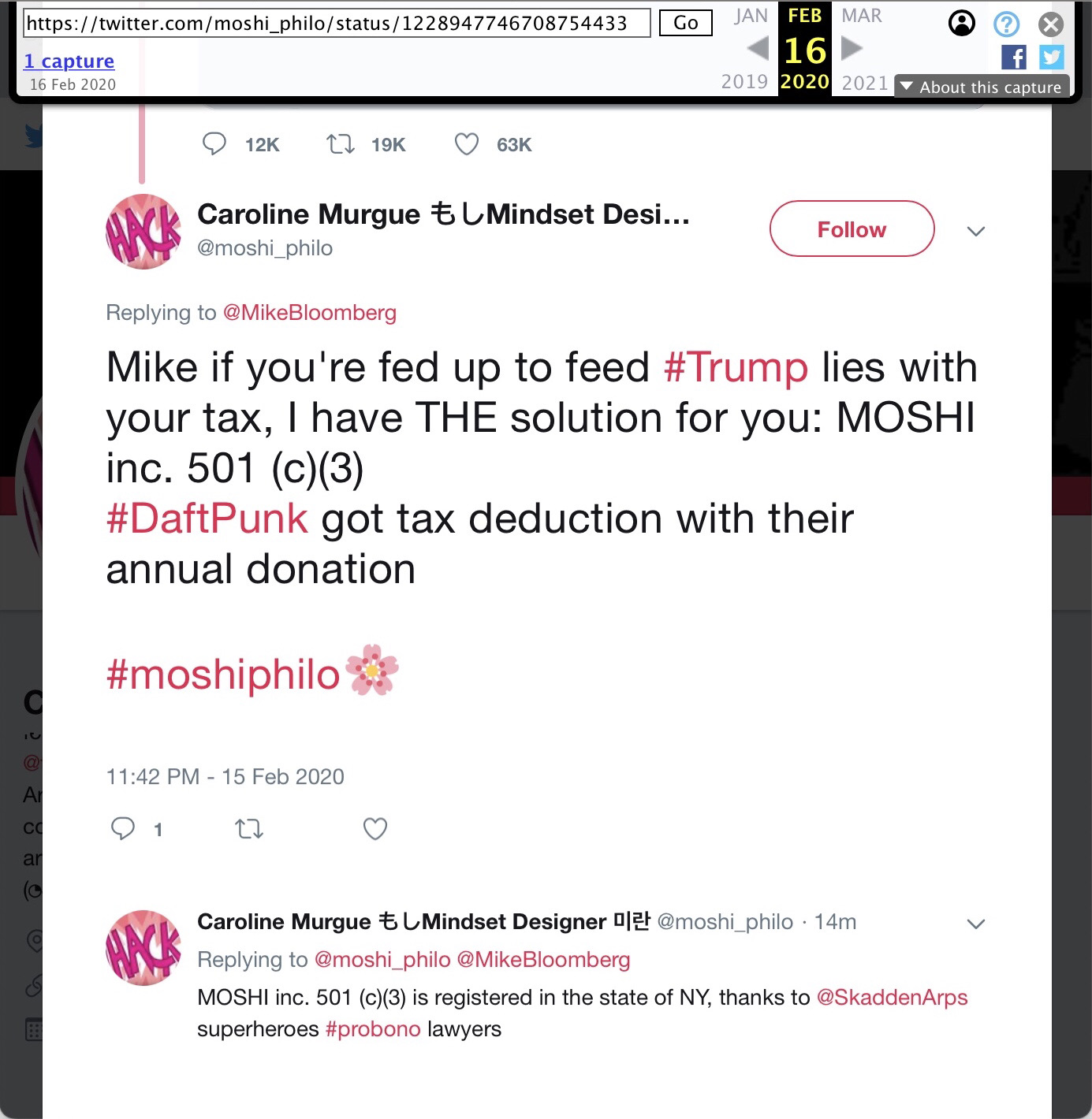 15 Feb 2020 tweet from @moshi_philo: Mike if you're fed up to feed #Trump lies with your tax, I have THE solution for you: Moshi&nbsp;Inc. 501 (c)(3) #DaftPunk got tax deduction with their annual donation #moshiphilo